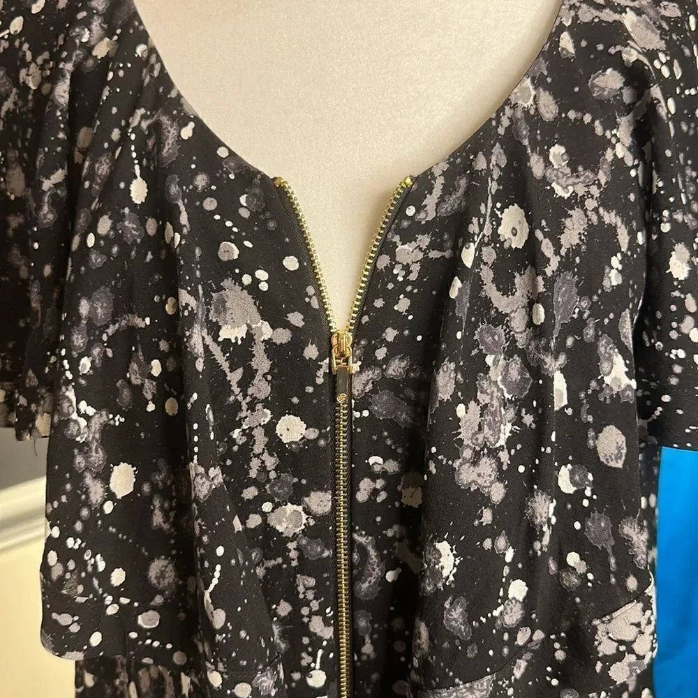 Tory Burch Rebecca Paint Splatter Front Zipper Closure Silk Ruffle Blouse